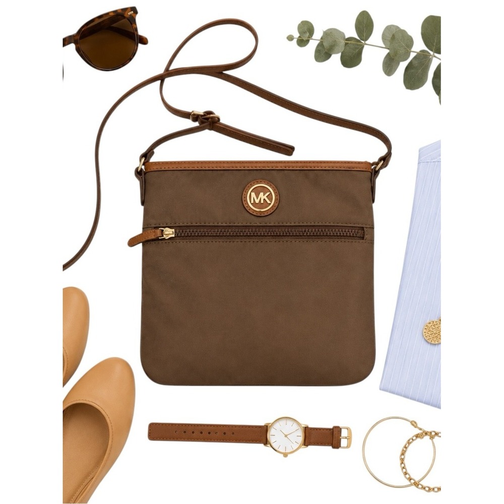 Michael Kors Jet Set Brown Nylon Leather Trim Crossbody Travel Bag 8.5x8 in GUC